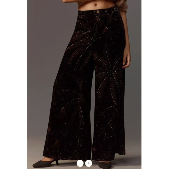 Farm Rio Anthropologie Velvet Wide Leg Pants Sz XS Black Gold Sparkle Designer - Picture 4 of 16